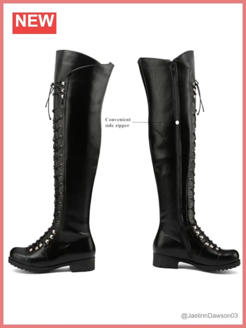 Women's Over the Knee Square Toe Faux Leather Boots Low Heel Side Zipper Lace Up